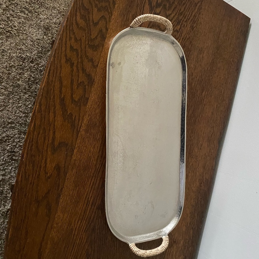 Pottery Barn Silver Tray with Woven Handles